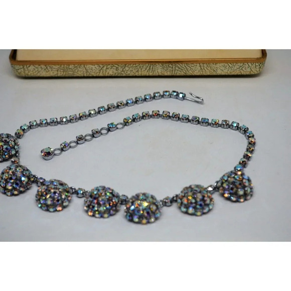 Aurora Borealis Necklace Earrings Bracelet Set 1960s Semicircle Ball Charms  Vtg - Picture 9 of 12